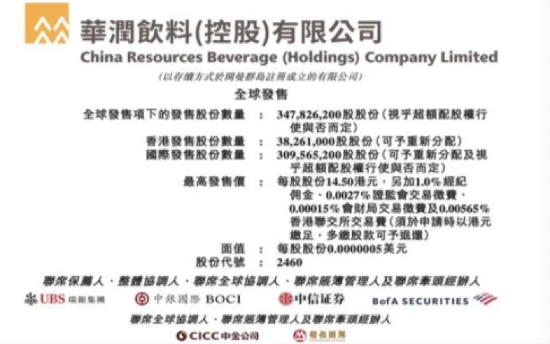 华润饮料启动港股招股：怡宝母公司拟全球发售3.478亿股，预计10月23日主板挂牌