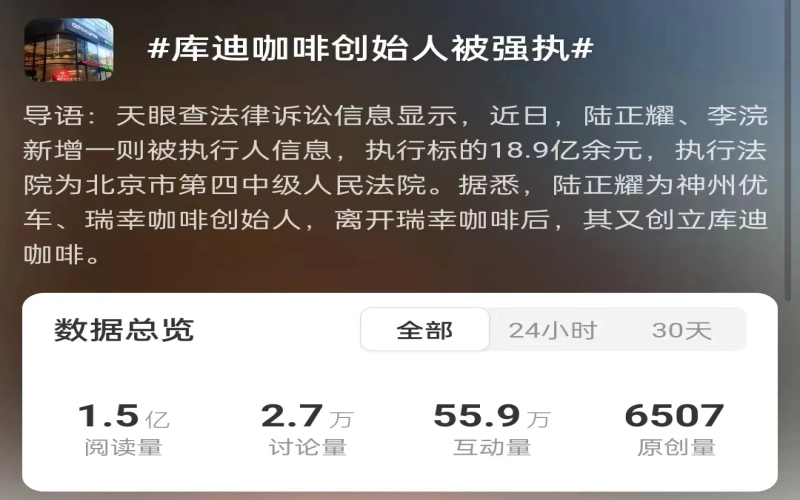 陆正耀再遭强执近19亿 库迪咖啡融资前景承压