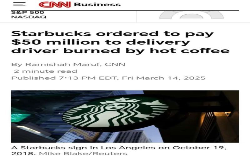 星巴克热饮杯盖未固定致外卖员三度烧伤，加州陪审团裁定赔偿3.6亿元