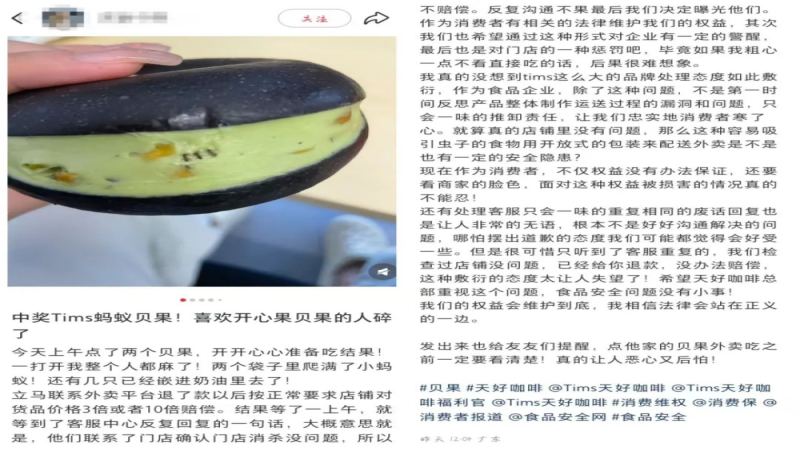 连锁咖啡品牌贝果包装内惊现活蚂蚁，消费者维权陷入僵局