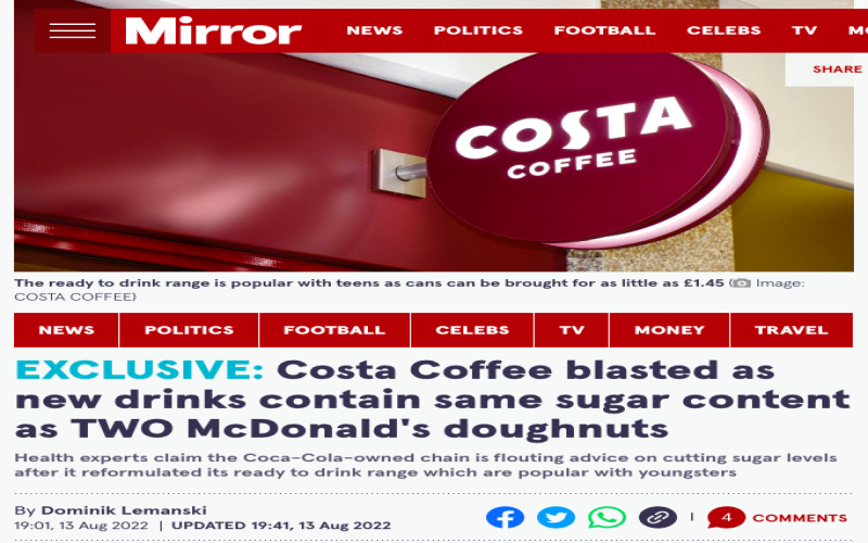 Costa即饮咖啡含糖量悄然攀升，专家批评与健康减糖趋势相悖