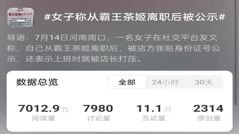 霸王茶姬离职员工身份证号遭公示，涉事店长已被停职处理